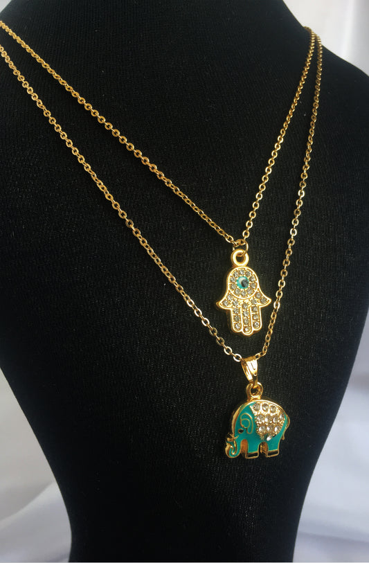 PERLİSS Zirkon Taşlı Turkuaz Kolye Seti, Gold Kaplama Fil Kolye, Nazar Boncuklu El Kolye