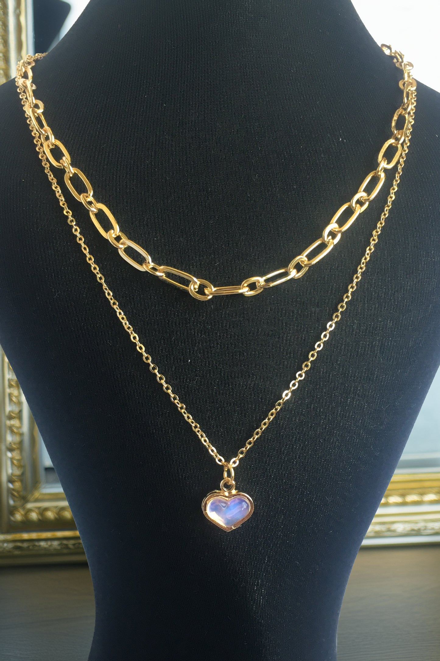 PERLİSS Pembe Sedefli – Ataç Zincirli Kolye Seti, Pembe Sedefli Yansıma Kolye, Ataç Zincirli Gold Kaplama Kolye