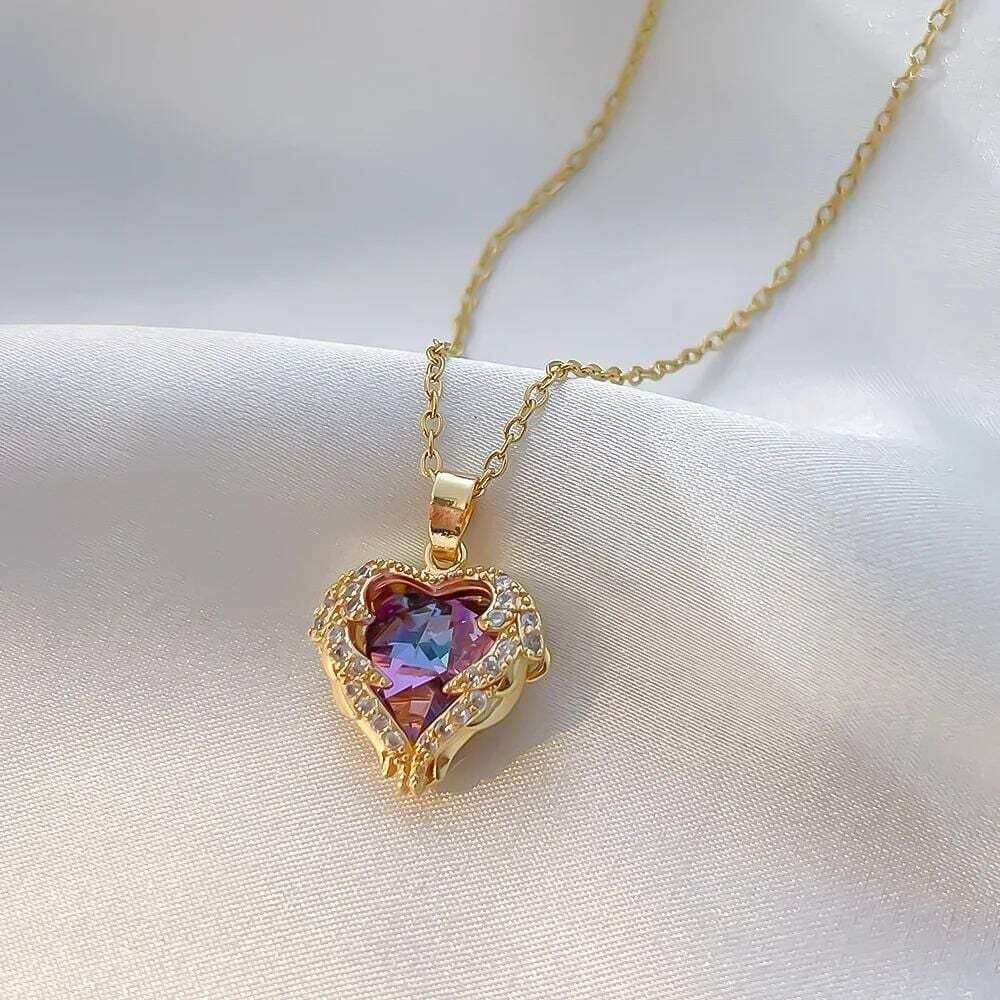 Paslanmaz Çelik Okyanusun Kalbi Işıltılı Kalp Kolye - Pembe Zirkon Taşlı Kristal Kolye