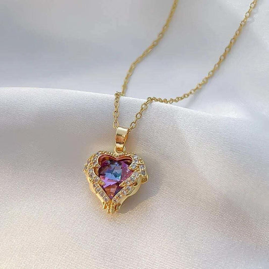 Paslanmaz Çelik Okyanusun Kalbi Işıltılı Kalp Kolye - Pembe Zirkon Taşlı Kristal Kolye