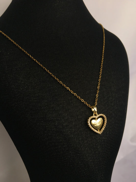 Paslanmaz Çelik Çift Taraflı (Sedef-Luck) Kalp Şeklinde Zirkon Taşlı Gold Kaplama Kolye