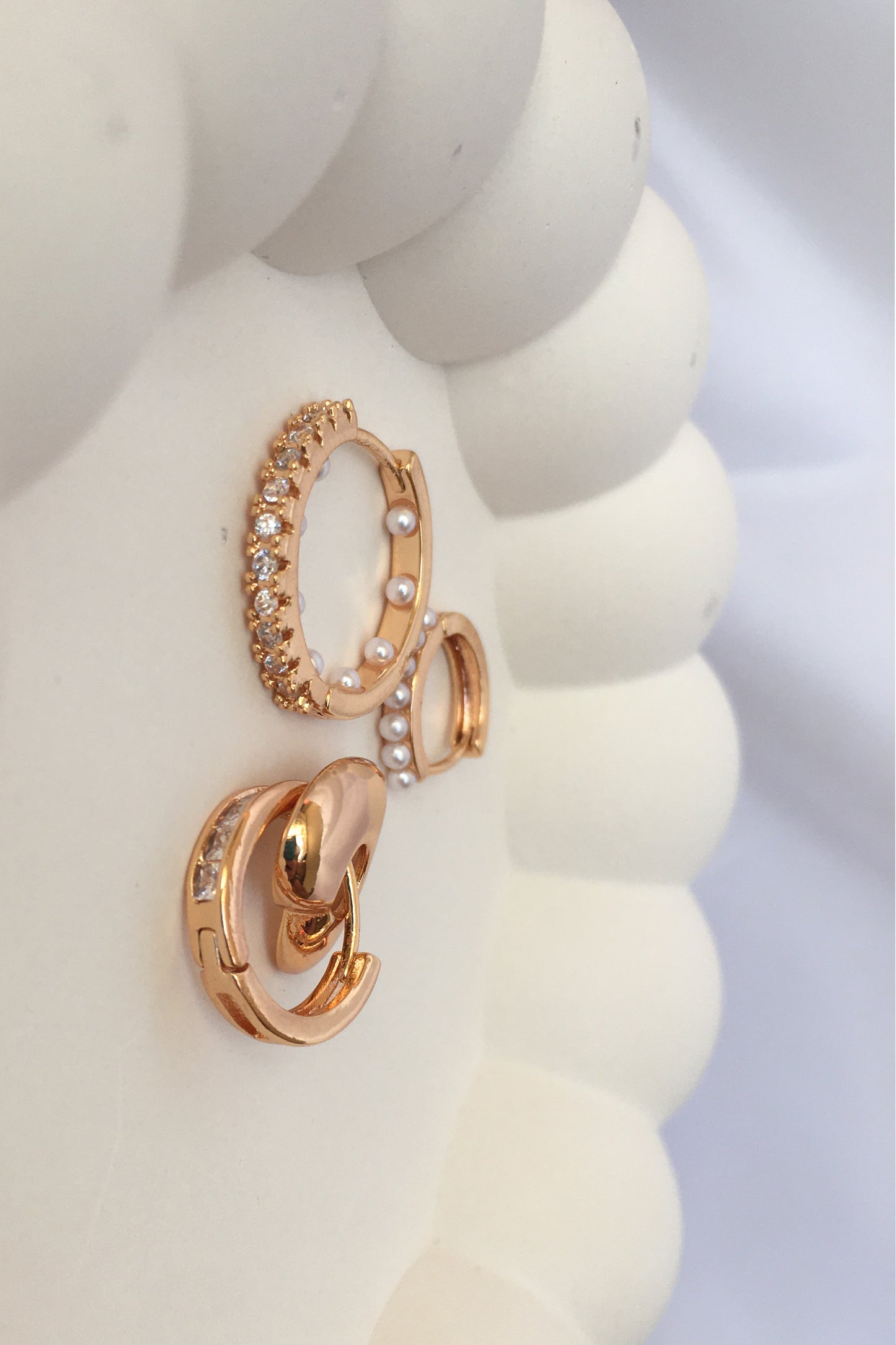 Çelik Gold 3’lü Küpe Seti Bubble Kalp Küpe İnci Detaylı Halka Küpe Zirkon Taşlı Küpe