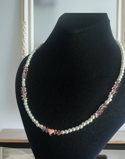 PERLİSS Pembe Kristal Taşlı Kolye, İnci Kolye, Pembe Kalp Uçlu Kolye