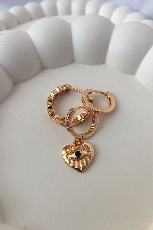 Çelik Gold 3’lü Küpe Seti Kirpikli Göz Detaylı Küpe Kalp Küpe Zirkon Taşlı Küpe