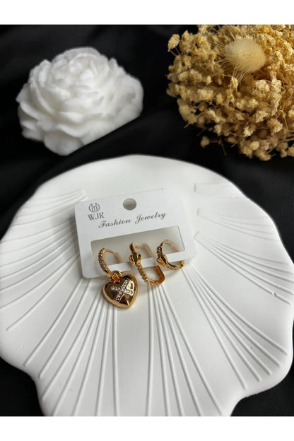 Çelik Gold 3’lü Küpe Seti X Detaylı Kalp Küpe Zirkon Taşlı Küpe