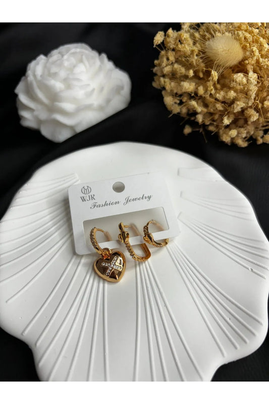 Çelik Gold 3’lü Küpe Seti X Detaylı Kalp Küpe Zirkon Taşlı Küpe