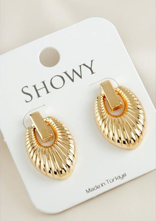 PERLİSS Badem Model Çizgili Oval Sarmal Küpe, Gold Kaplama Oval Küpe