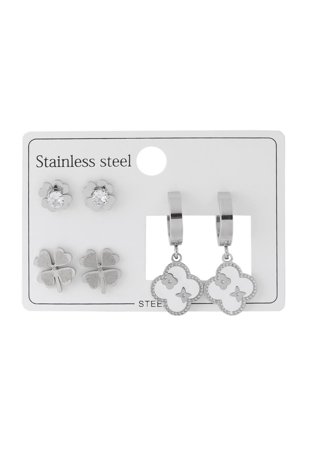 Çelik Yonca Set Küpe Gümüş