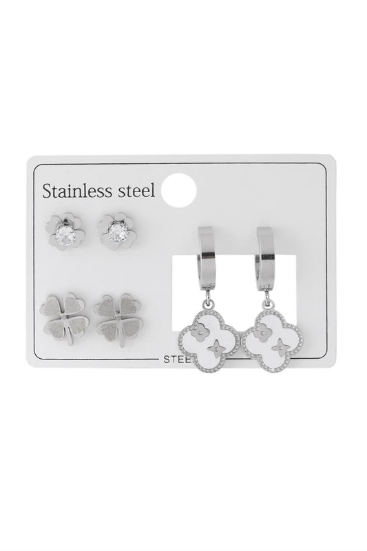 Çelik Yonca Set Küpe Gümüş