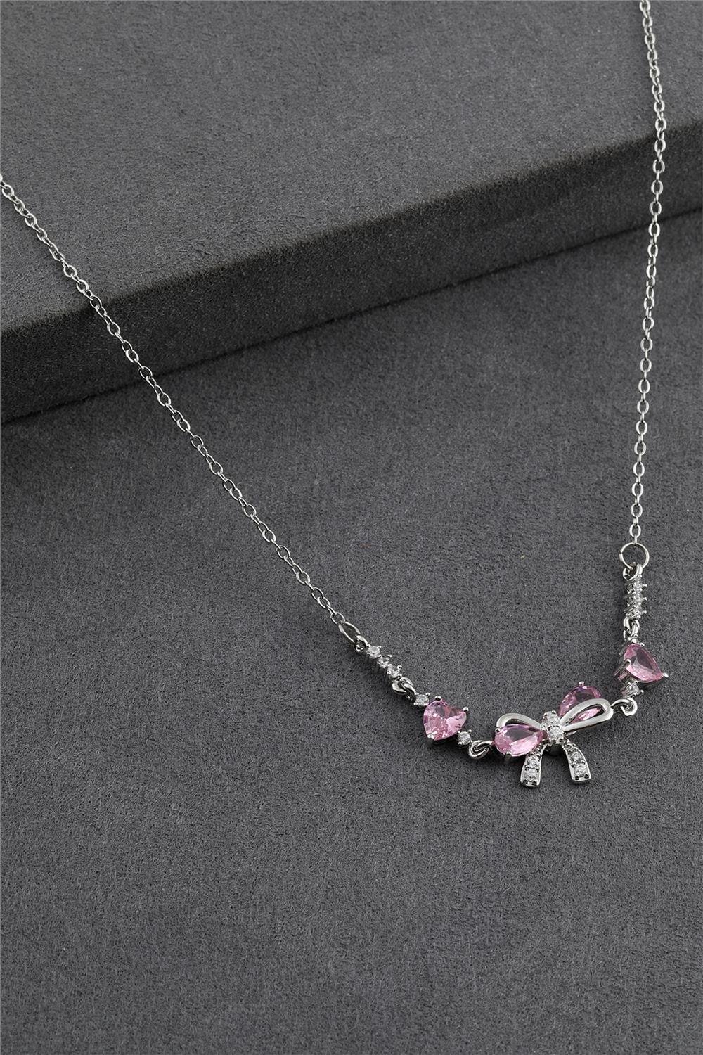 Paslanmaz Çelik Pembe Taşlı Kurdele Kolye