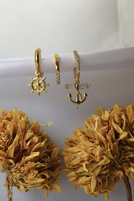 Çelik Gold 3’lü Küpe Seti Çapa Detaylı Küpe Dümen Küpe Zirkon Taşlı Küpe