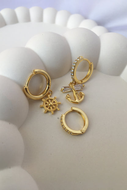 Çelik Gold 3’lü Küpe Seti Çapa Detaylı Küpe Dümen Küpe Zirkon Taşlı Küpe
