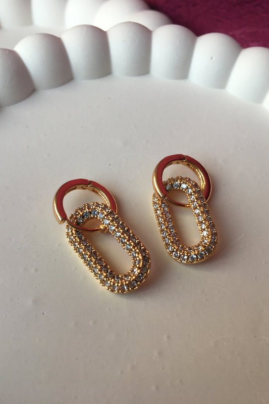 Çelik Gold Küpe Oval Dikdörtgen Zirkon Taşlı Küpe Sallantılı Küpe
