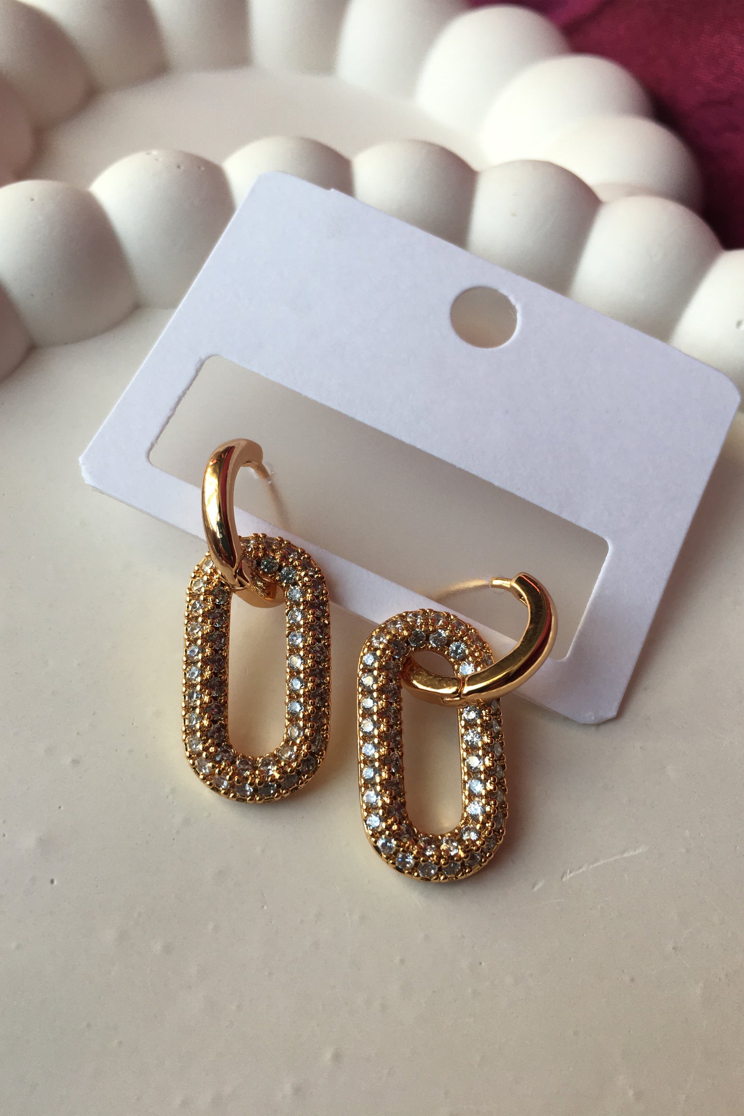 Çelik Gold Küpe Oval Dikdörtgen Zirkon Taşlı Küpe Sallantılı Küpe