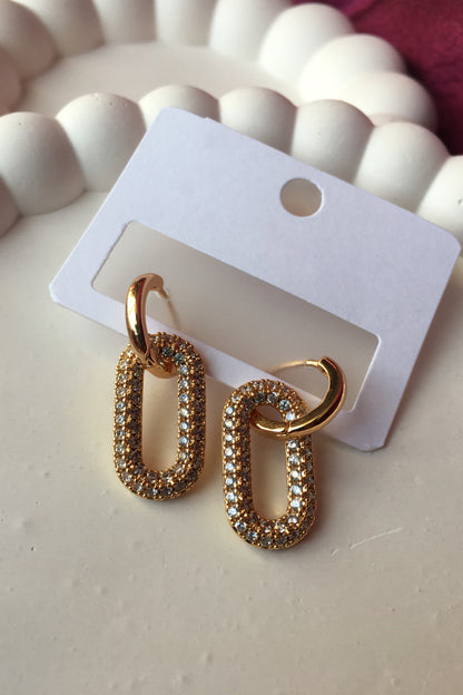 Çelik Gold Küpe Oval Dikdörtgen Zirkon Taşlı Küpe Sallantılı Küpe