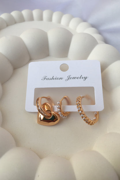 Çelik Gold 3’lü Küpe Seti Bubble Kalp Küpe İnci Detaylı Halka Küpe Zirkon Taşlı Küpe