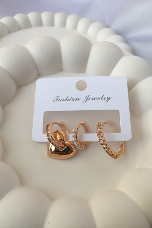 Çelik Gold 3’lü Küpe Seti Bubble Kalp Küpe İnci Detaylı Halka Küpe Zirkon Taşlı Küpe