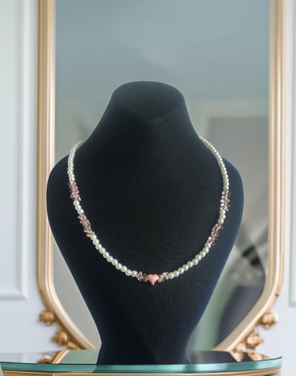 PERLİSS Pembe Kristal Taşlı Kolye, İnci Kolye, Pembe Kalp Uçlu Kolye