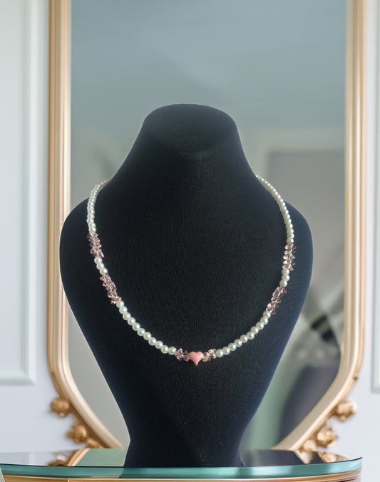 PERLİSS Pembe Kristal Taşlı Kolye, İnci Kolye, Pembe Kalp Uçlu Kolye