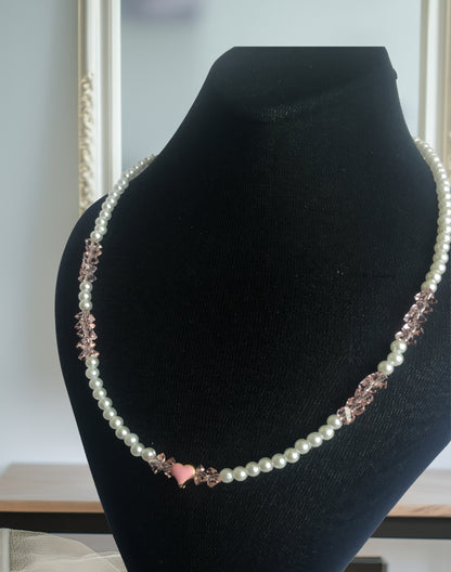 PERLİSS Pembe Kristal Taşlı Kolye, İnci Kolye, Pembe Kalp Uçlu Kolye