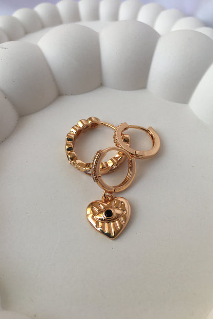 Çelik Gold 3’lü Küpe Seti Kirpikli Göz Detaylı Küpe Kalp Küpe Zirkon Taşlı Küpe