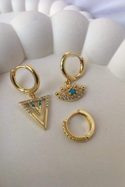 Çelik Gold 3’lü Küpe Seti Kirpikli Göz Detaylı Küpe Üçgen Küpe Zirkon Taşlı Küpe