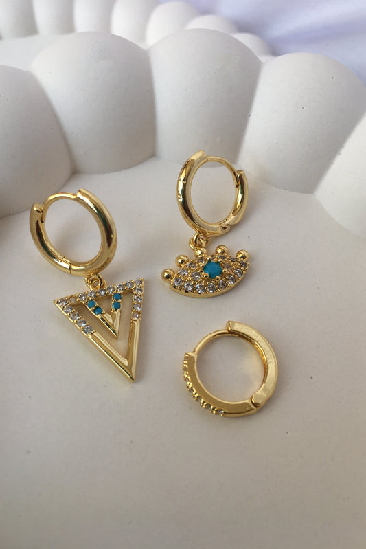 Çelik Gold 3’lü Küpe Seti Kirpikli Göz Detaylı Küpe Üçgen Küpe Zirkon Taşlı Küpe